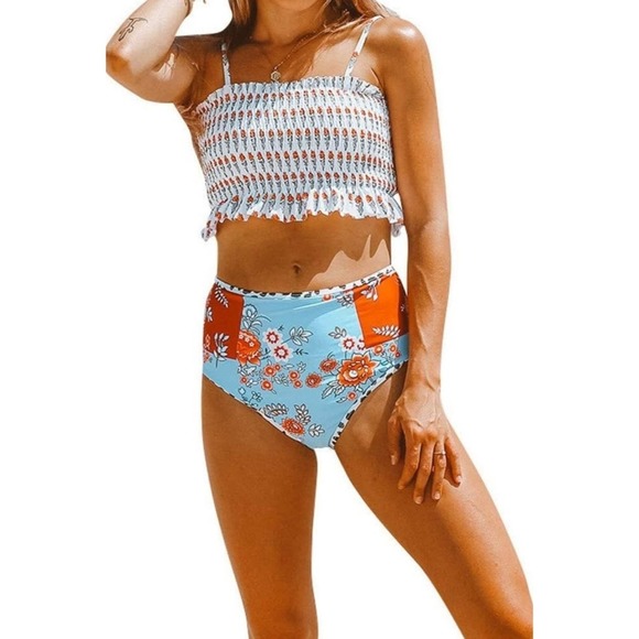 Boutique Other - Floral Ruffle Hem Smocked Swimsuit Set